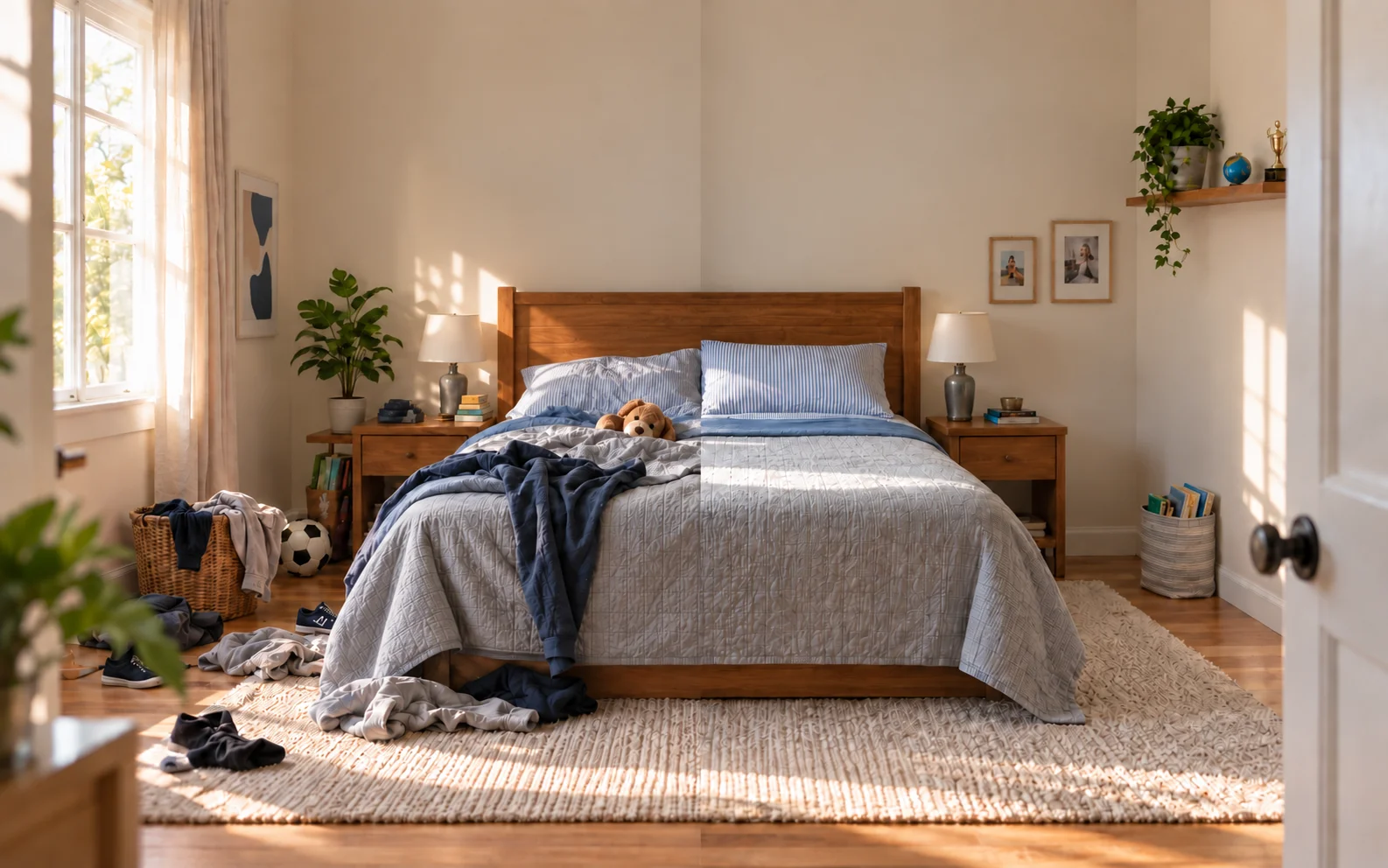 A sunlit bedroom: an unmade bed and scattered clothes on the left, a neatly made bed and clear floor on the right.